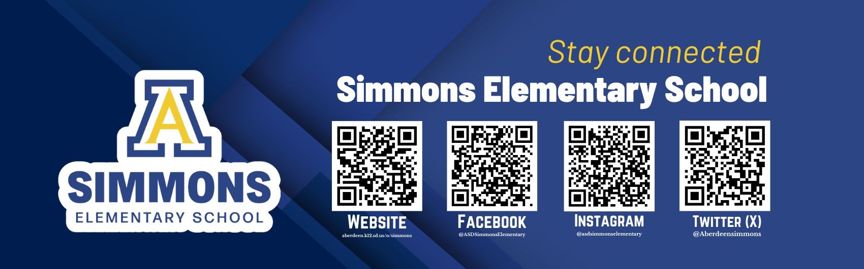 Stay Connected graphic with QR codes linking to Simmons Elementary social media