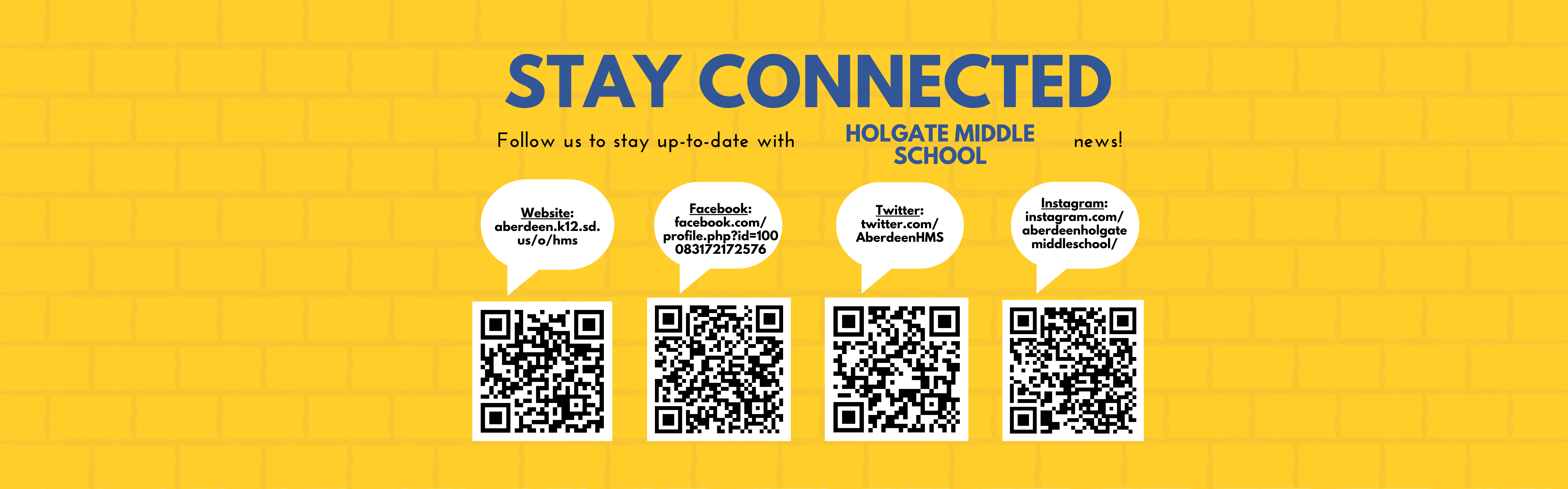 Stay Connected graphic with QR codes linking to HMS social media