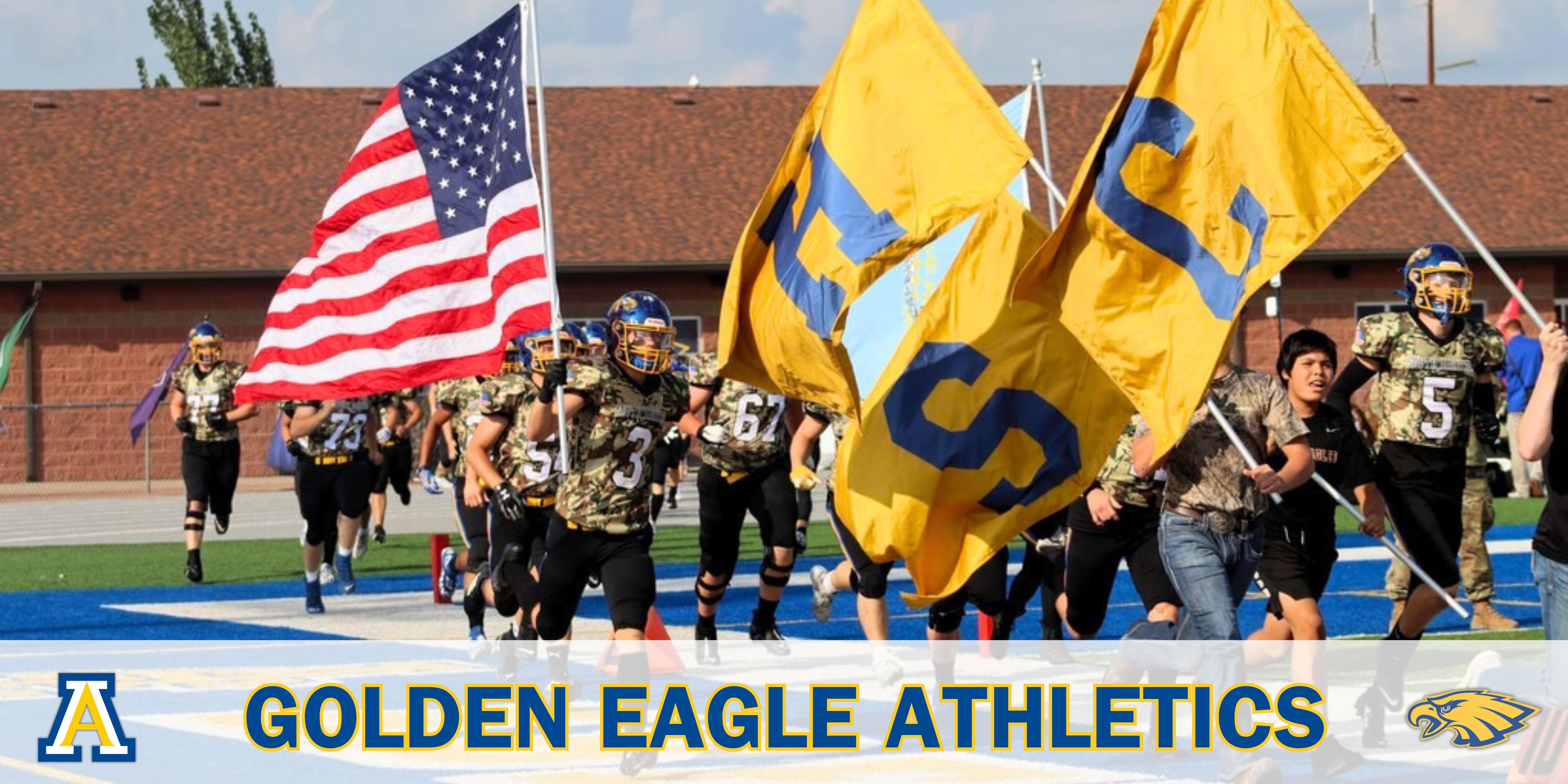 CHS football players holding flags, with text: Golden Eagle Athletics