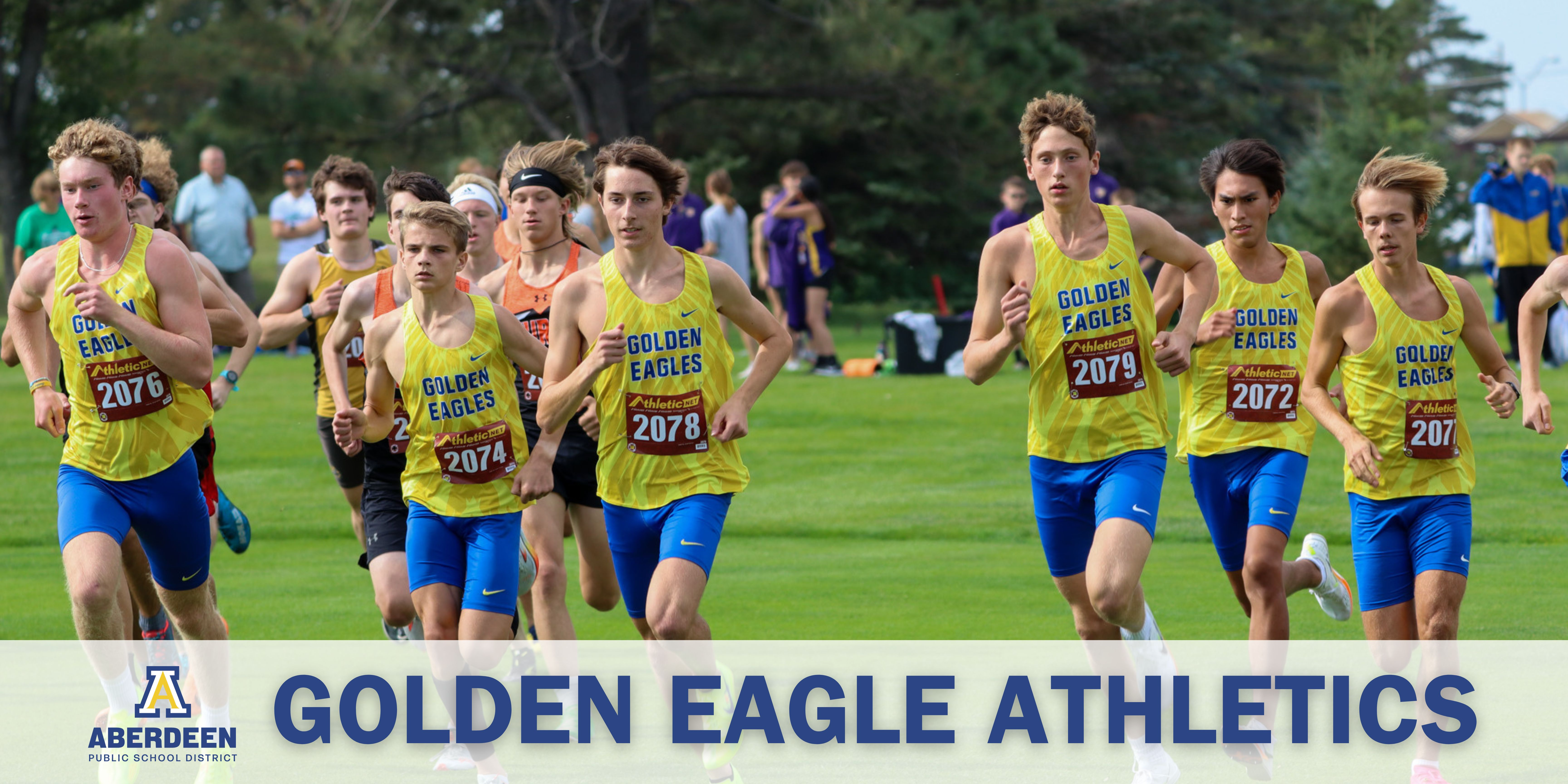 CHS cross country runners, with text: Golden Eagle Athletics