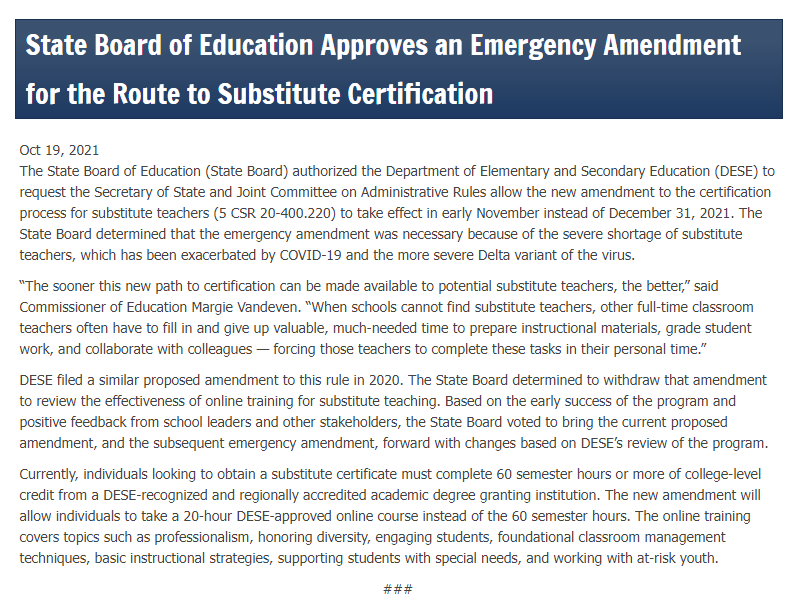 State BOE Emergency Amendment for the Route to Substitute Certification