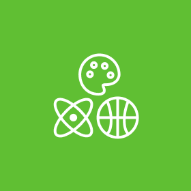 Atom symbol, basketball, and palette