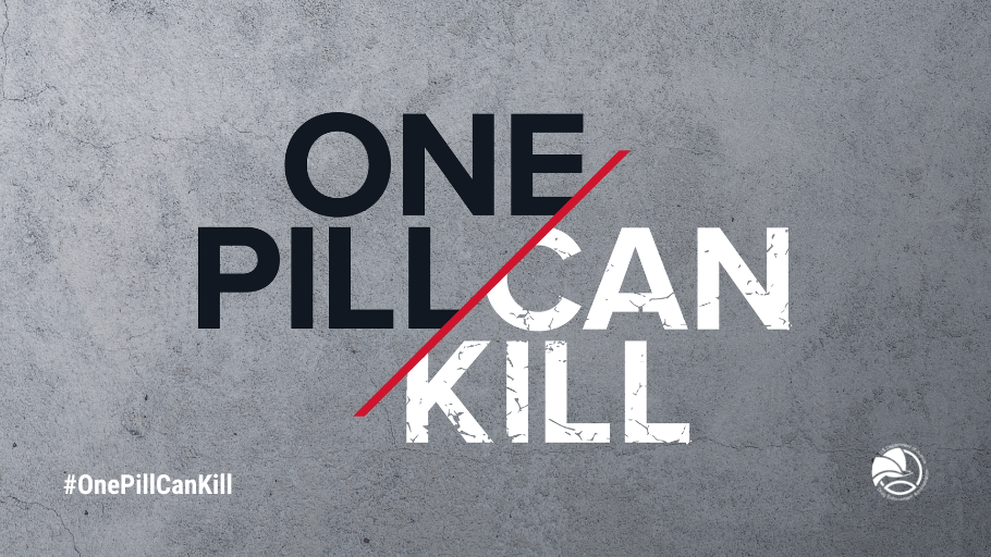 One Pill Can Kill text in a gray graphic
