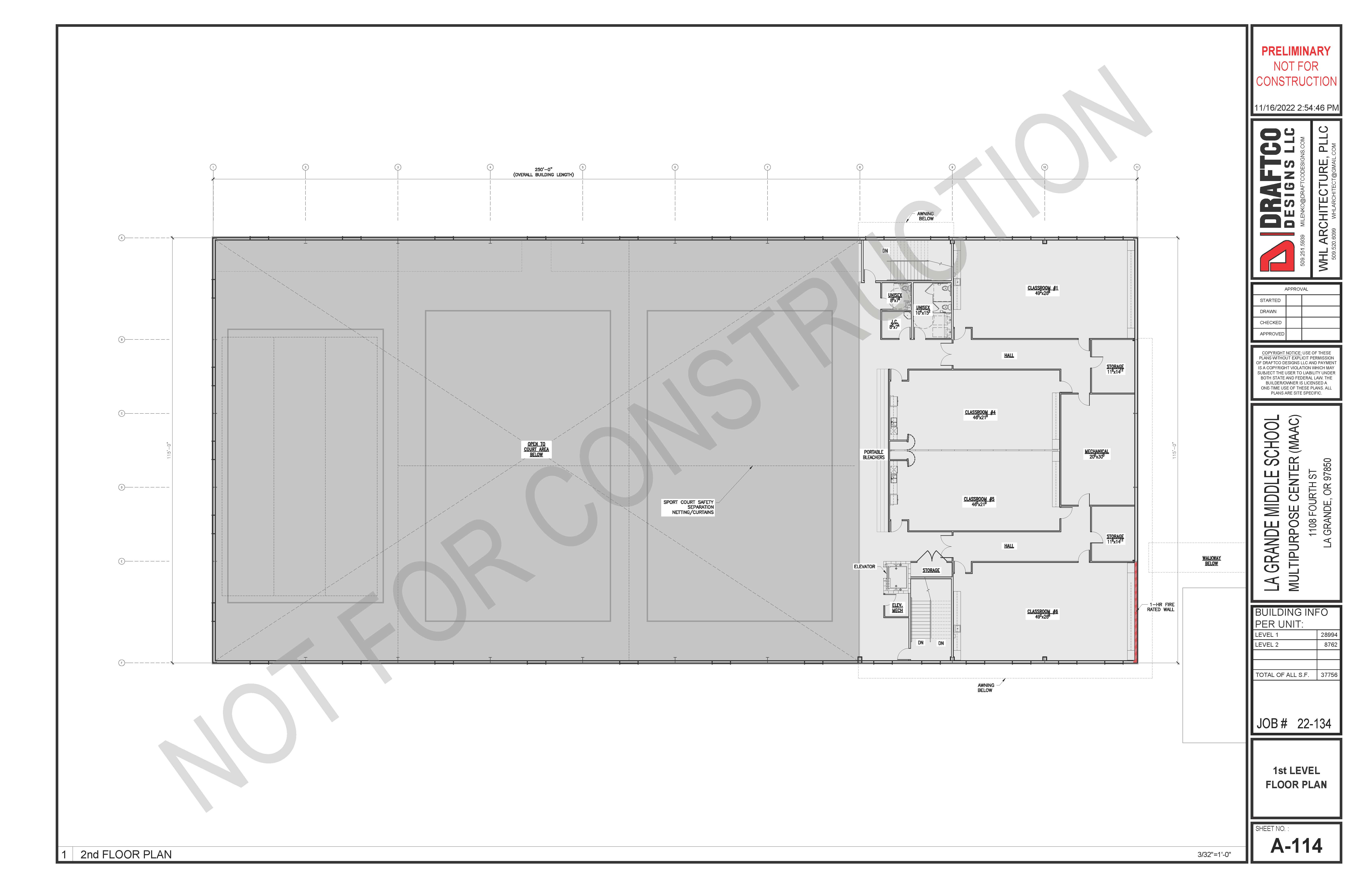 Floor plan of second floor in multi-use building-shows four classrooms and two restrooms