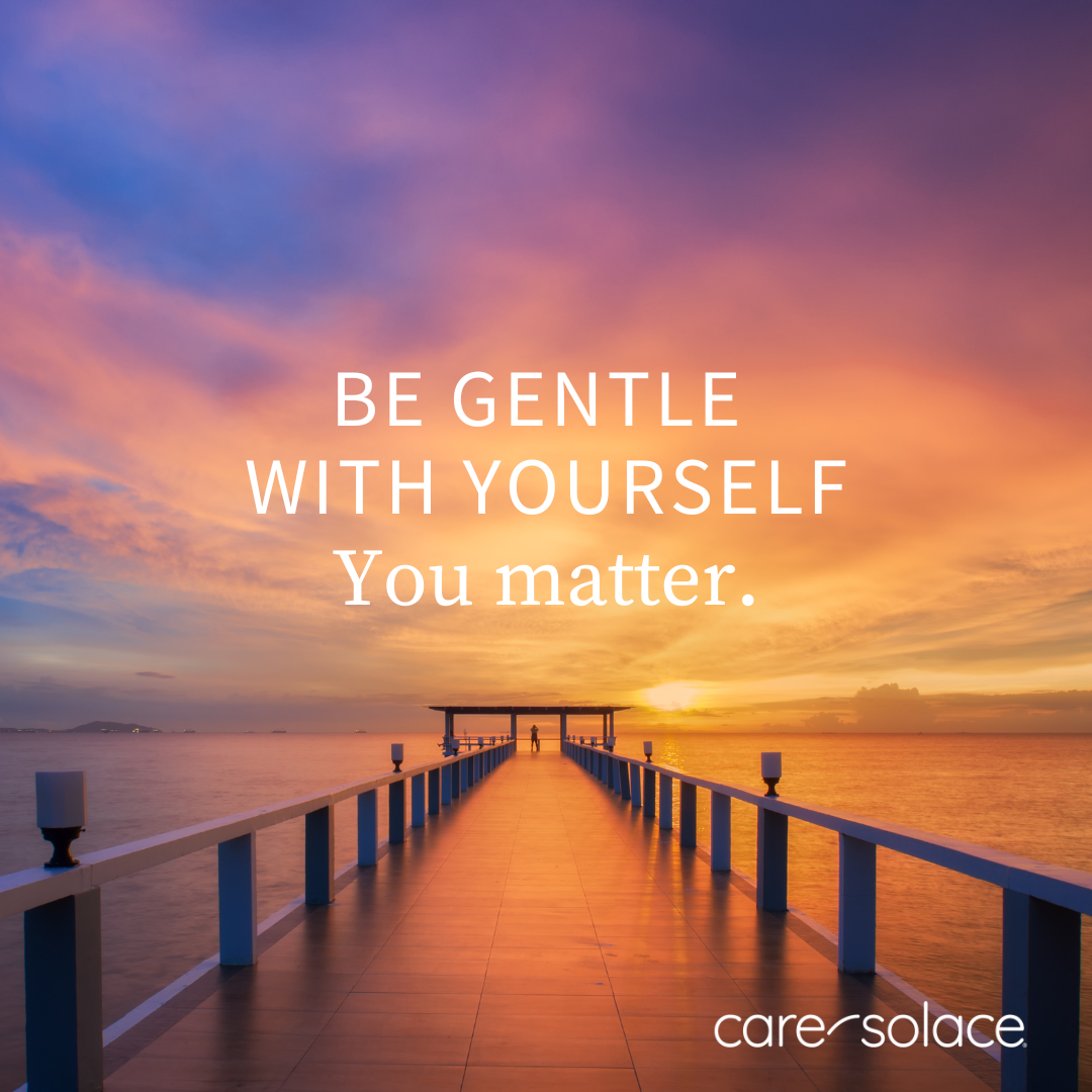 Be gentle with yourself. You matter. Care Solace with a pier going out to a sunset ocean view