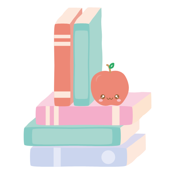 Stack of books with apple with a smiley face.