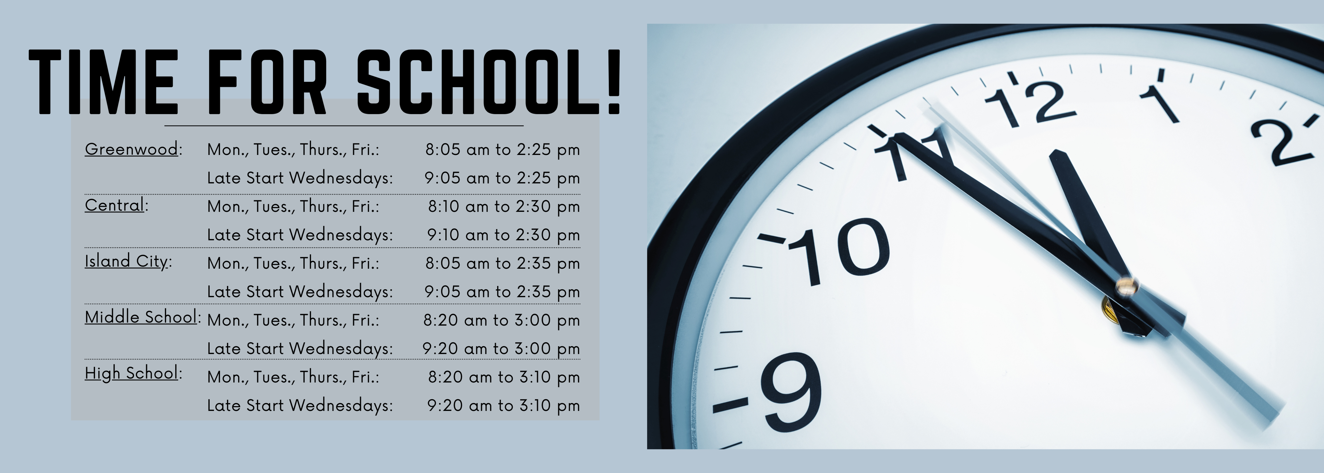Times for school with a clock face