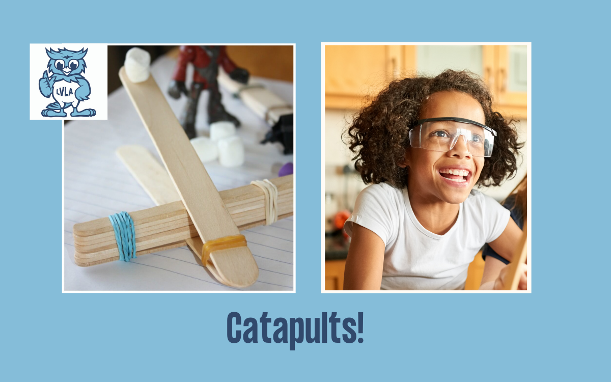 two images.  one on left is a catapult made from tongue depressors and rubber bands. the one on the right is a girl in lab glasses laughing