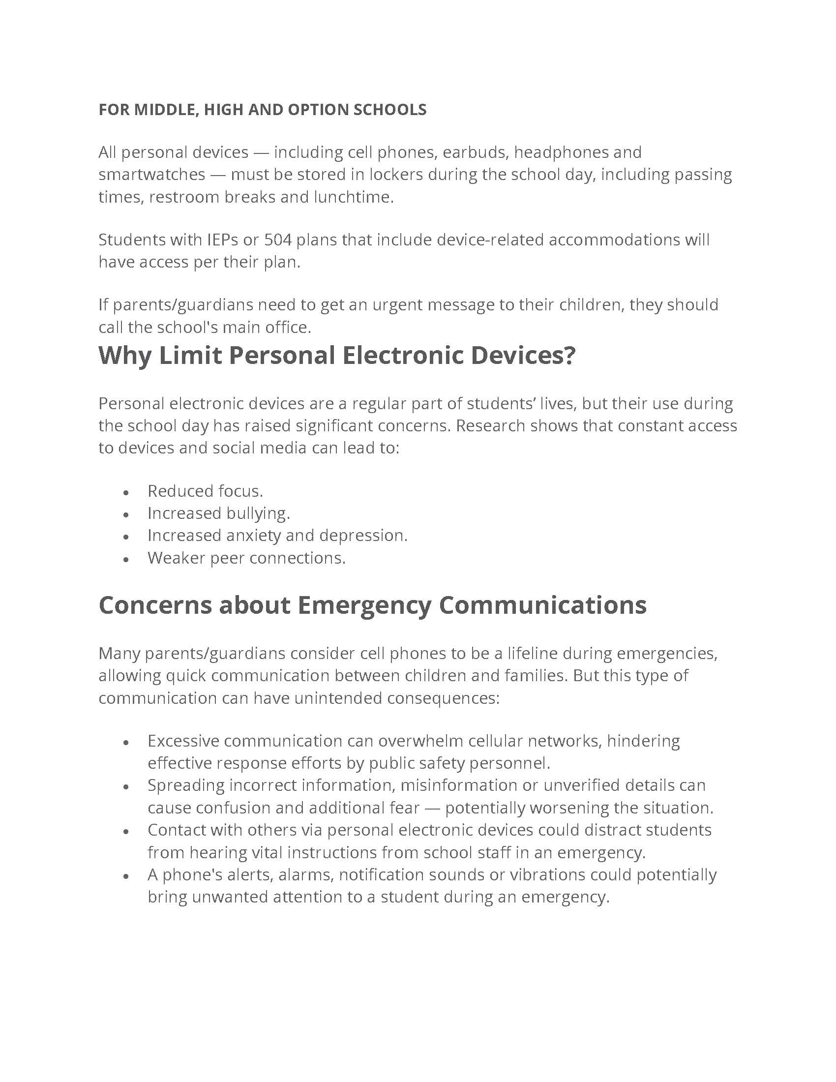 Personal Electronic Device Policy