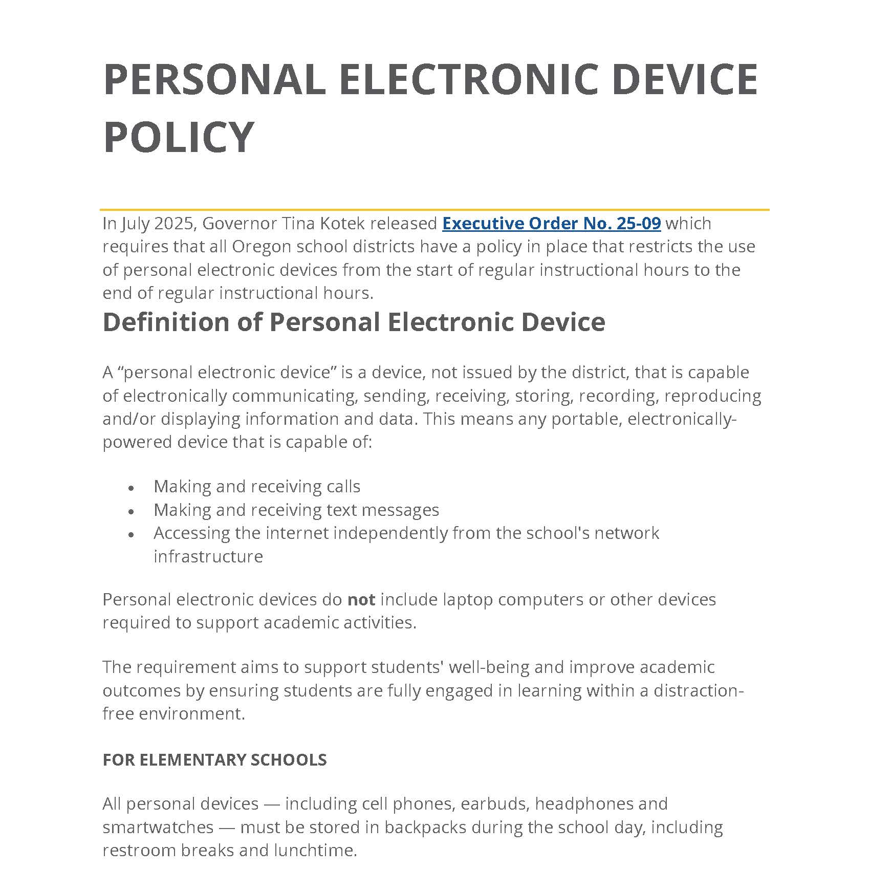 Personal Electronic Device Policy