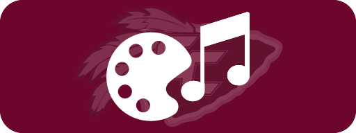 A white palette and music note on a maroon background