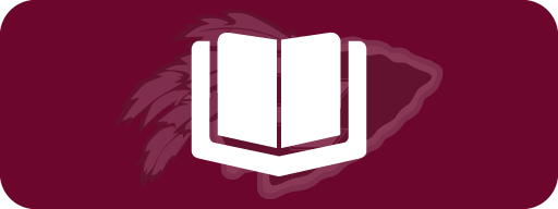 A white book icon on a maroon background
