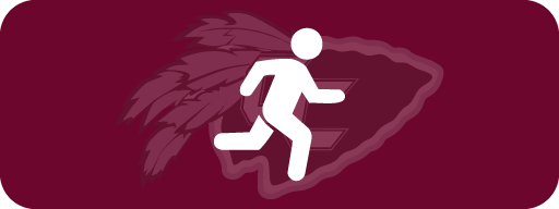 A white icon of a man running on a maroon background