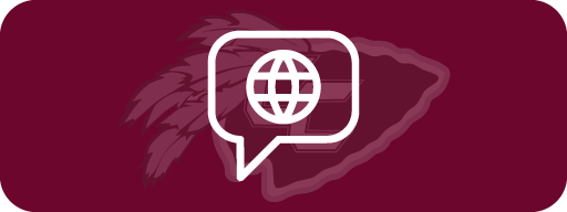 A white speech bubble with a globe on a maroon background