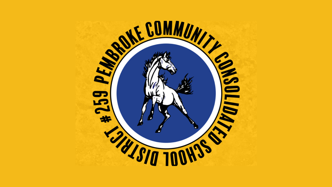 On yellow gold background, Pembroke Community Consolidated School District #259  in bold black font, circled around the logo (a white mustang whipping tail over a blue background)