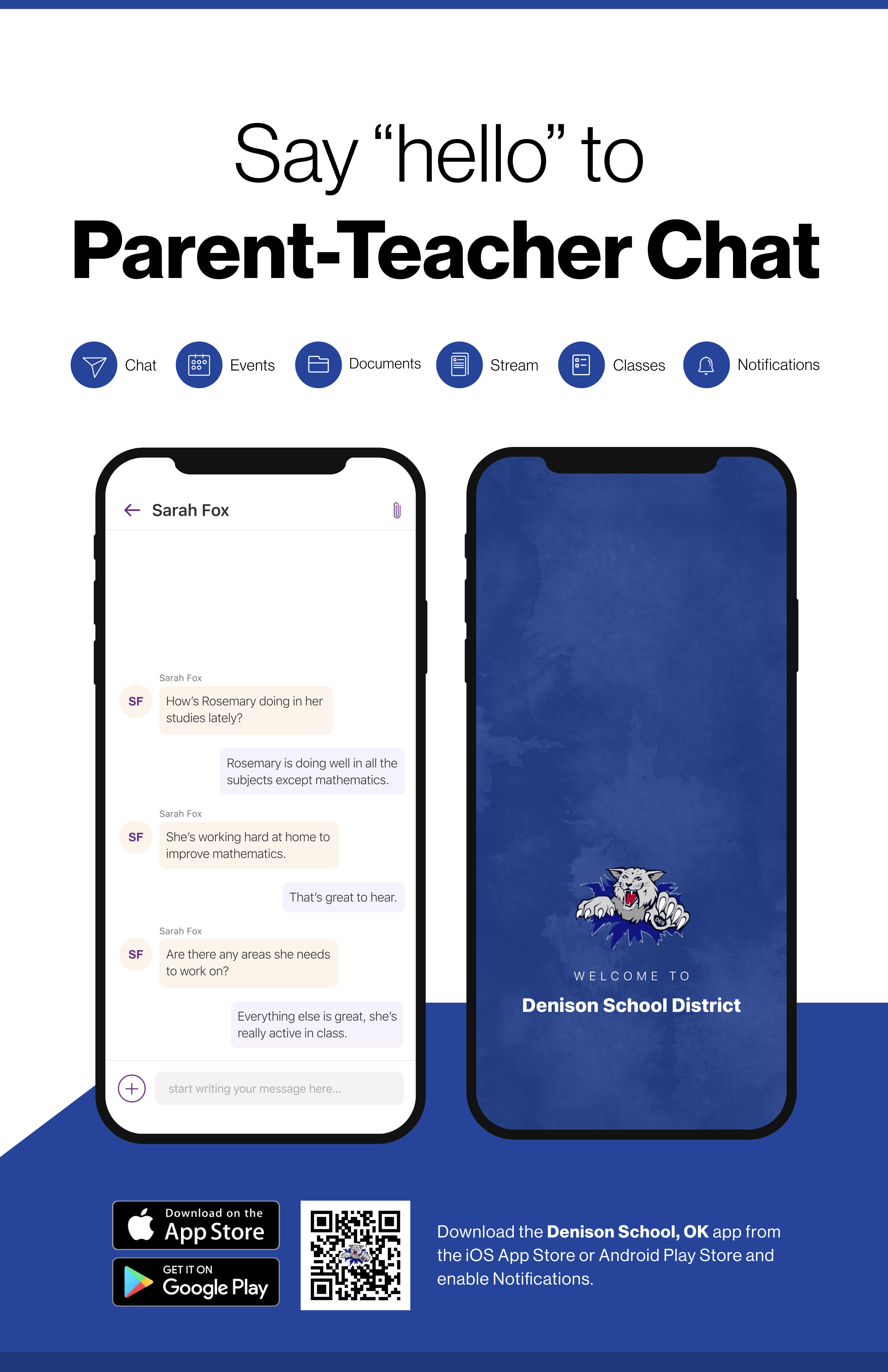 Say hello to Parent-Teacher chat in the new Rooms app. Download the Denison School District app in the Google Play or Apple App store.