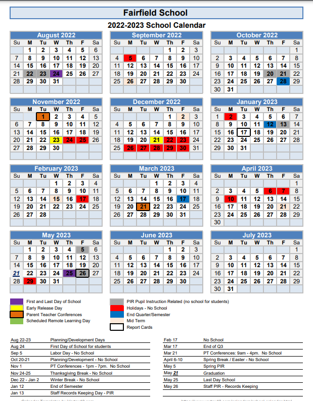 School Calendar Fairfield Public Schools