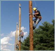 3 Power line poles with a man on each