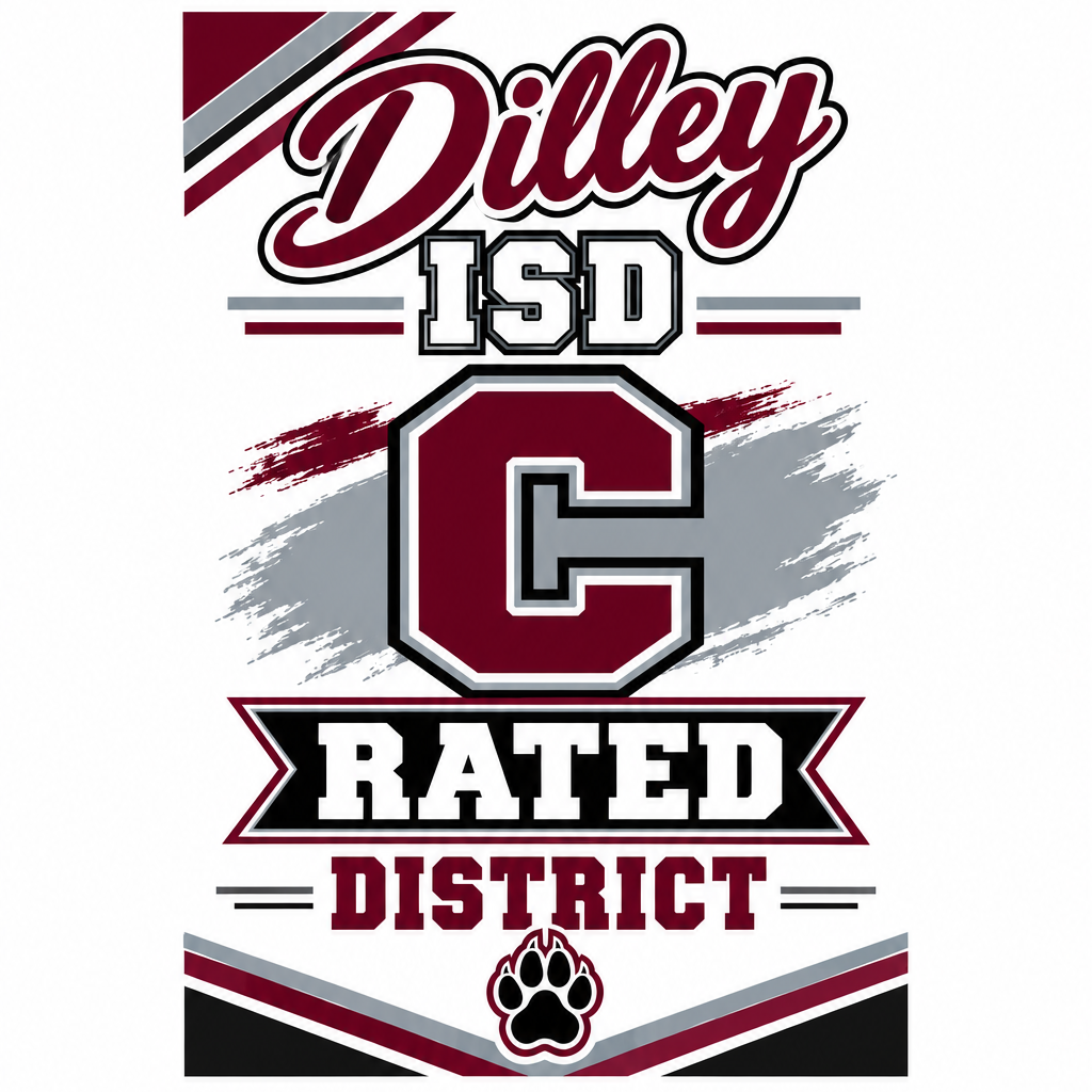 Logo for Dilley ISD, featuring a paw print, text reading "C RATED DISTRICT," and red, gray, and black colors on a white background.