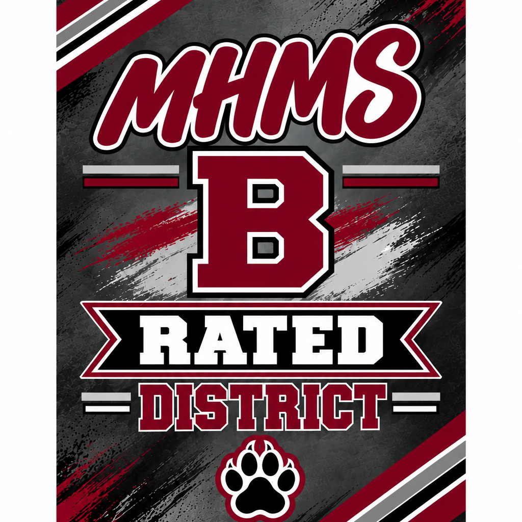 A promotional banner with "MHMS B RATED DISTRICT" in red and black, a paw print, and stripes.