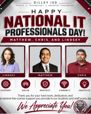 A red and white poster celebrates National IT Professionals Day with three photos of IT professionals. It includes the text "We Appreciate You!"