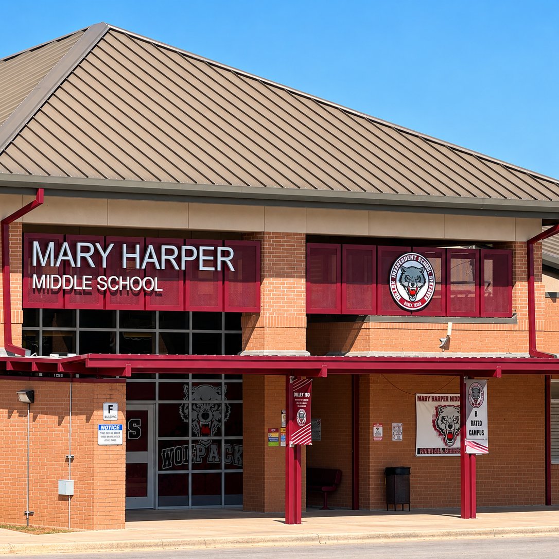 A brick school building with a gray roof. "MARY HARPER MIDDLE SCHOOL" and a logo on a red awning.