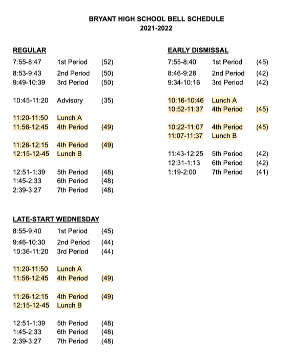 BHS Bell Schedule Bryant Public Schools