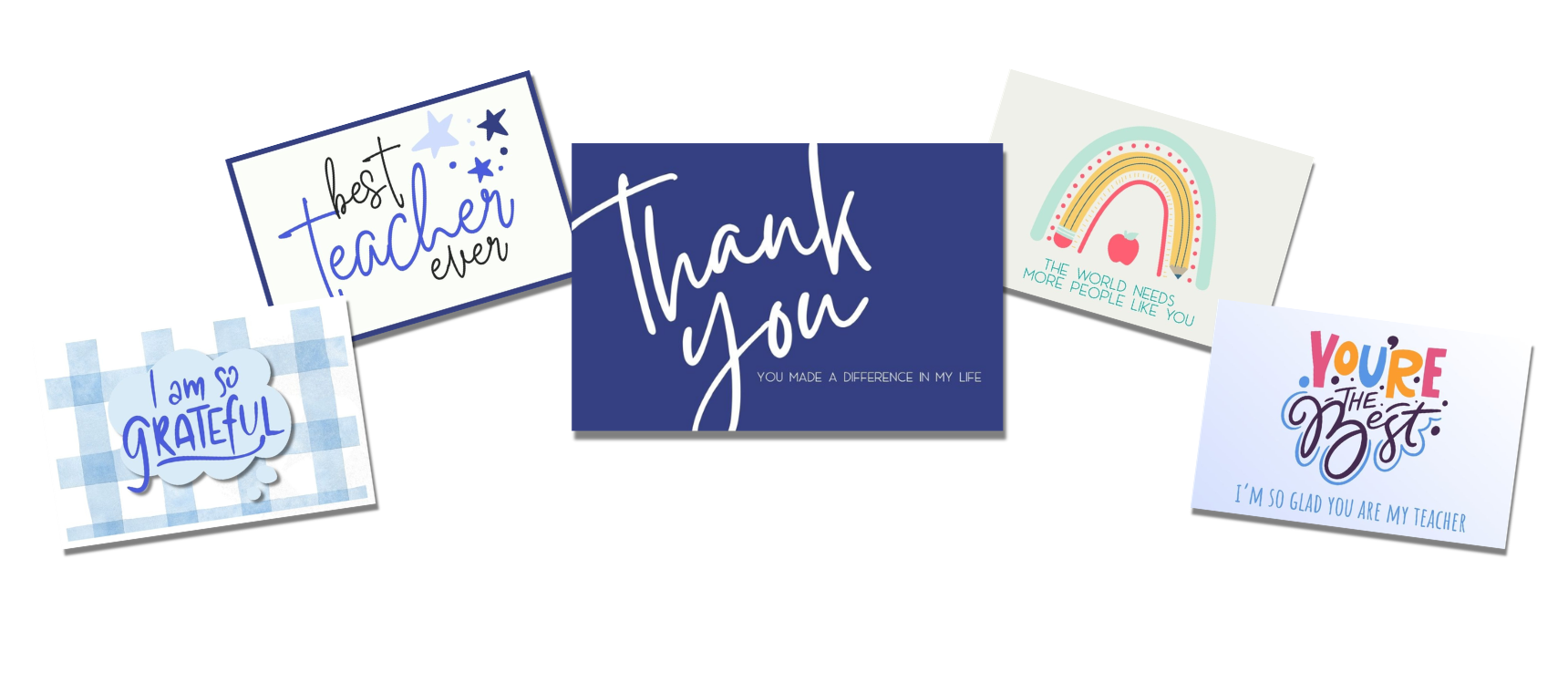 Six cards with different colorful designs. One card says "Thank You" in white letters. Another card says "You're awesome" in colorful letters.