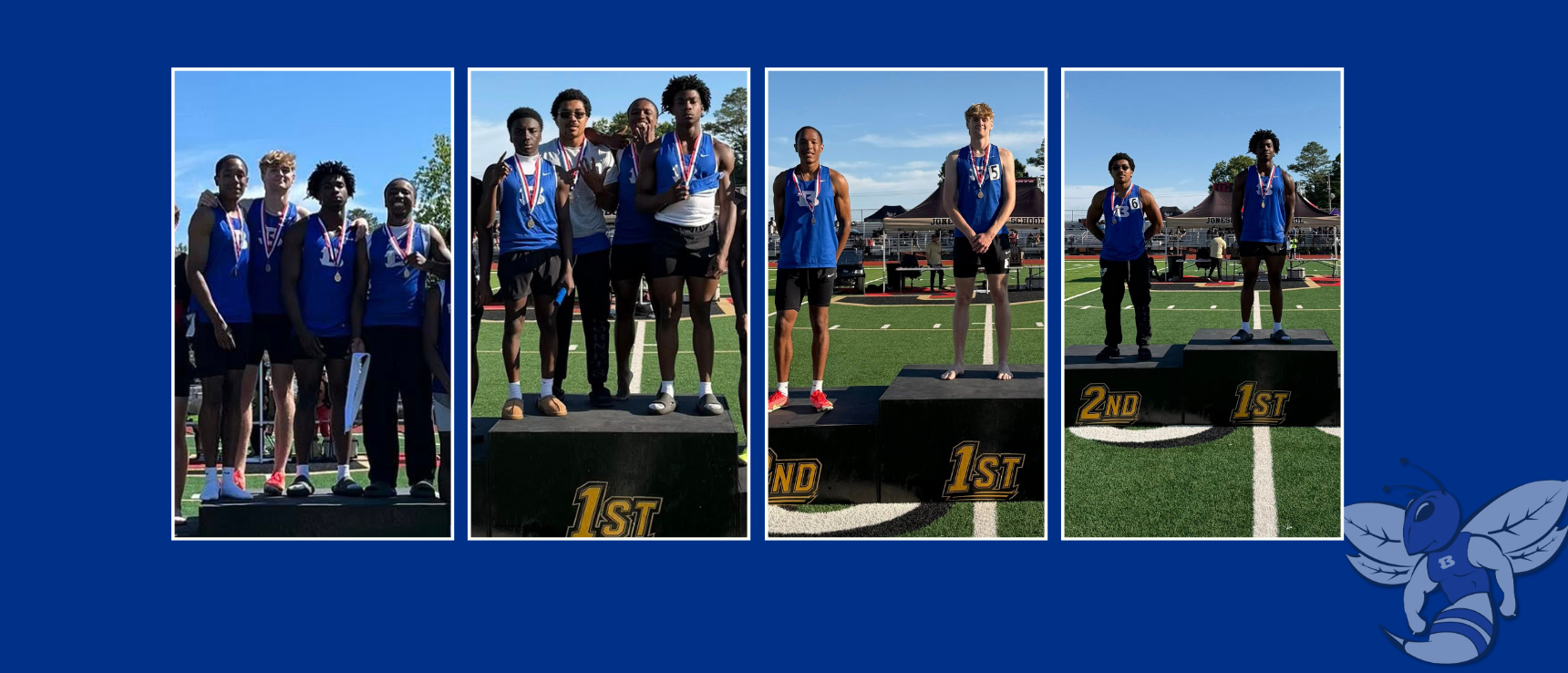 Four panels showing young men in blue jerseys standing on podiums with medals around their necks.