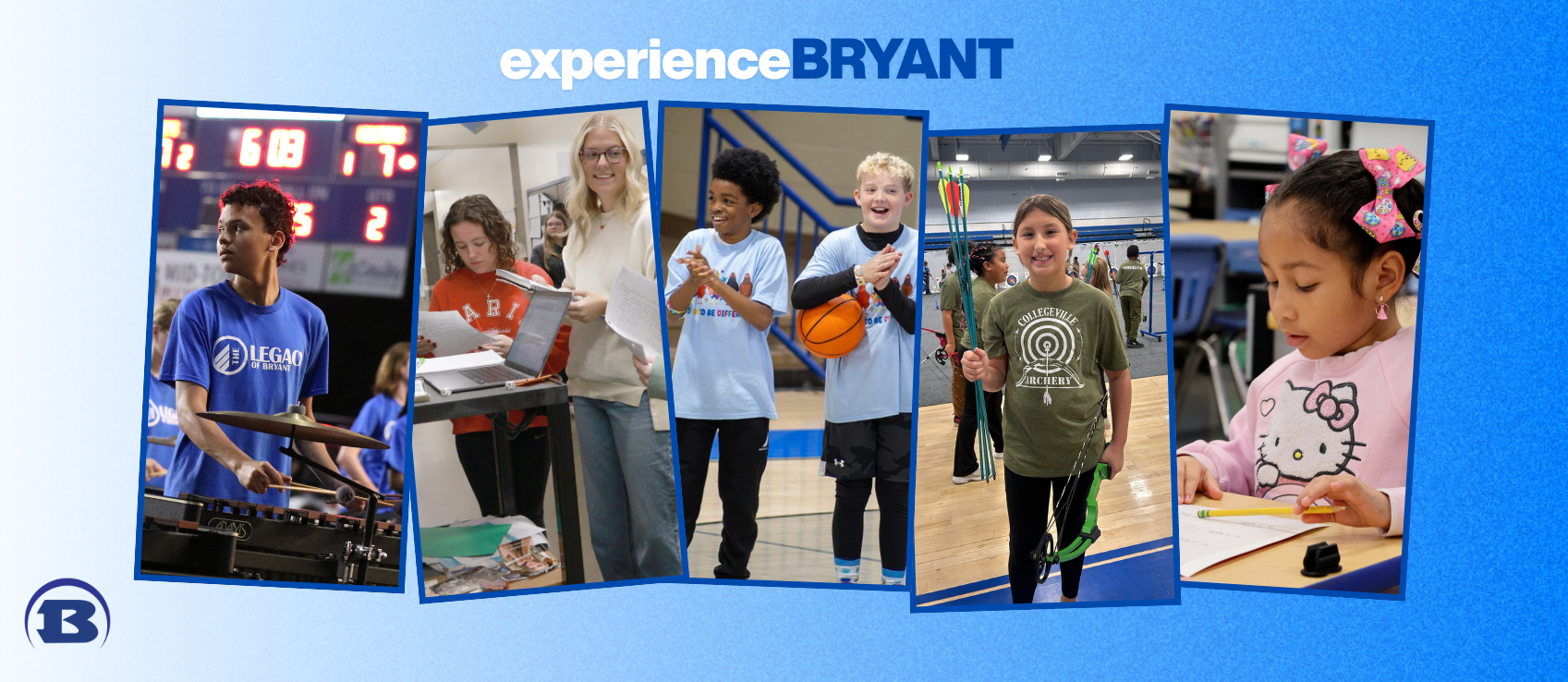 Collage of children engaging in various activities, including playing instruments, reading, and playing basketball, set against a blue background.