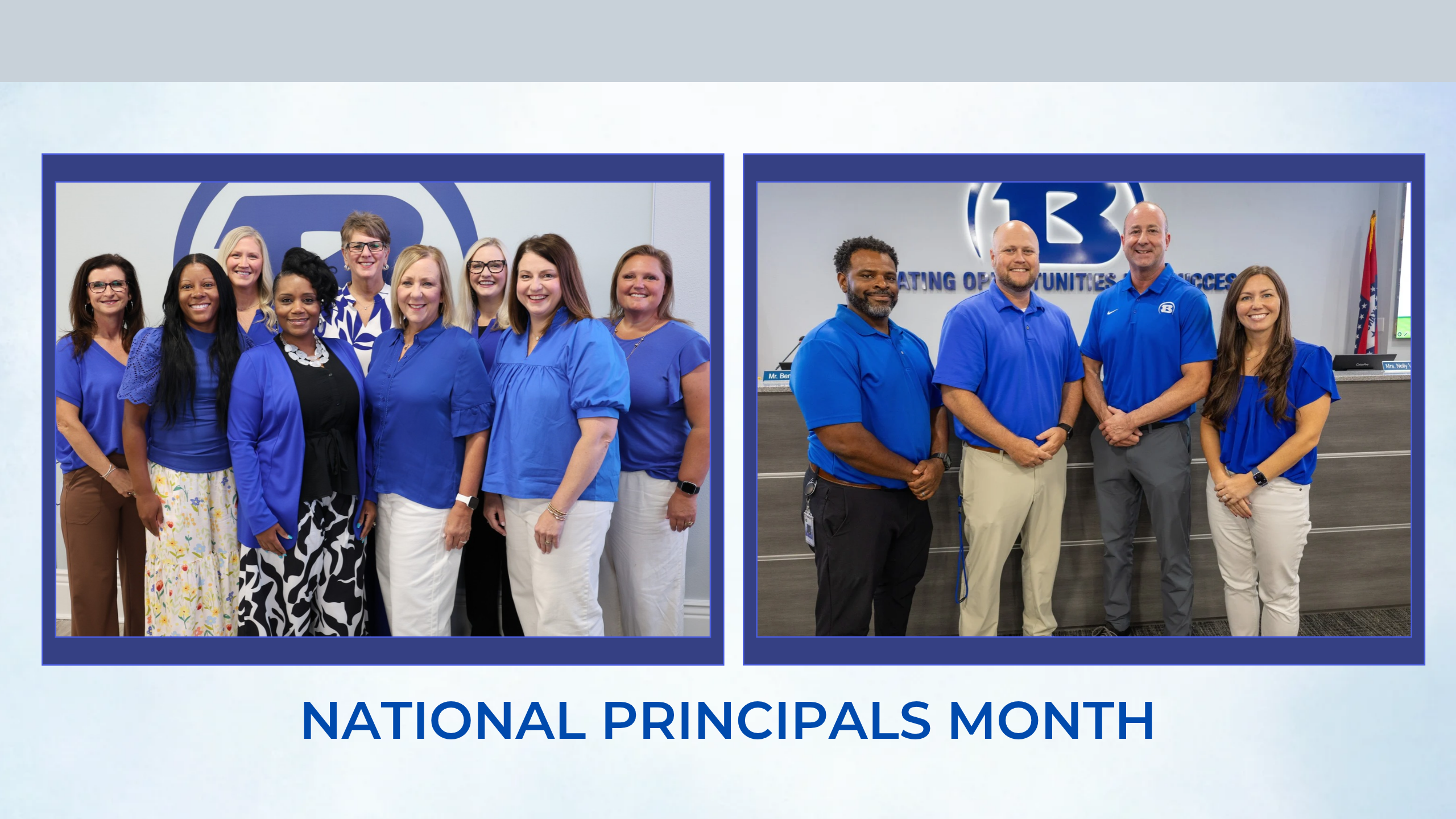Two collages showing school principals in blue shirts, one with women and another with men, against a blue background.