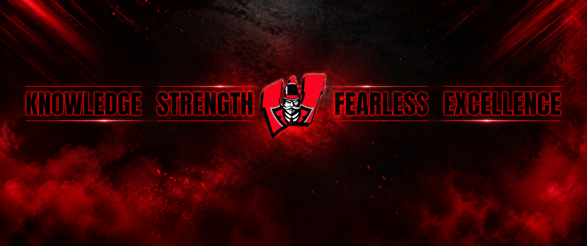 A red and black graphic features a logo with a central image. Below it, the words "Knowledge," "Strength," "Fearless," and "Excellence" are displayed.