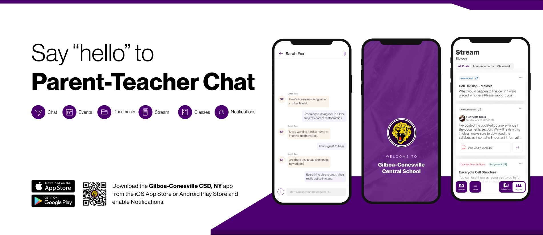 Say hello to Parent-Teacher chat in the new Rooms app. Download the Gilboa-Conesville Central School app in the Google Play or Apple App store.