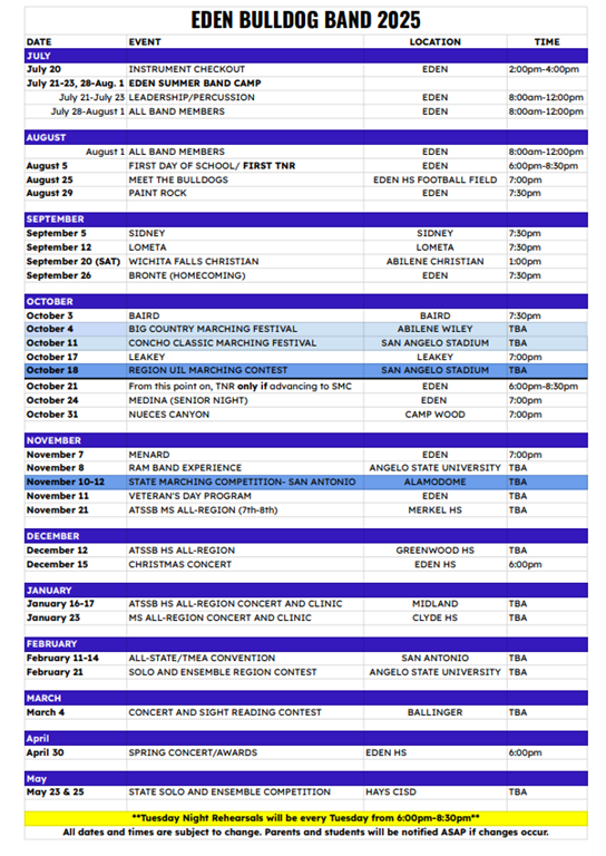 Band Schedule