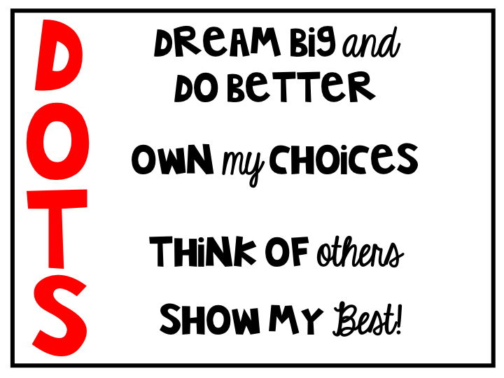 DOTS - DREAM BIG AND DO BETTER - OWN MY CHOICES - THINK OF OTHERS - SHOW MY BEST!