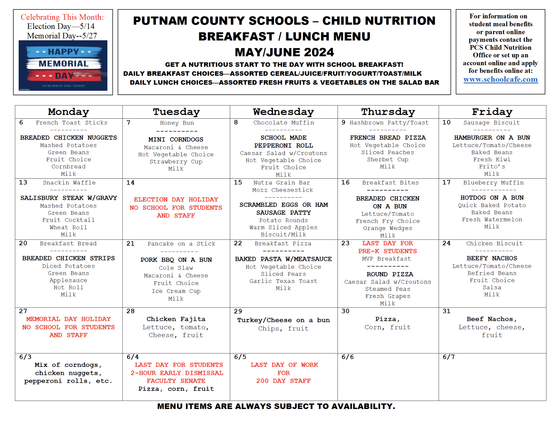 Current Lunch Menu | West Teays Elementary School