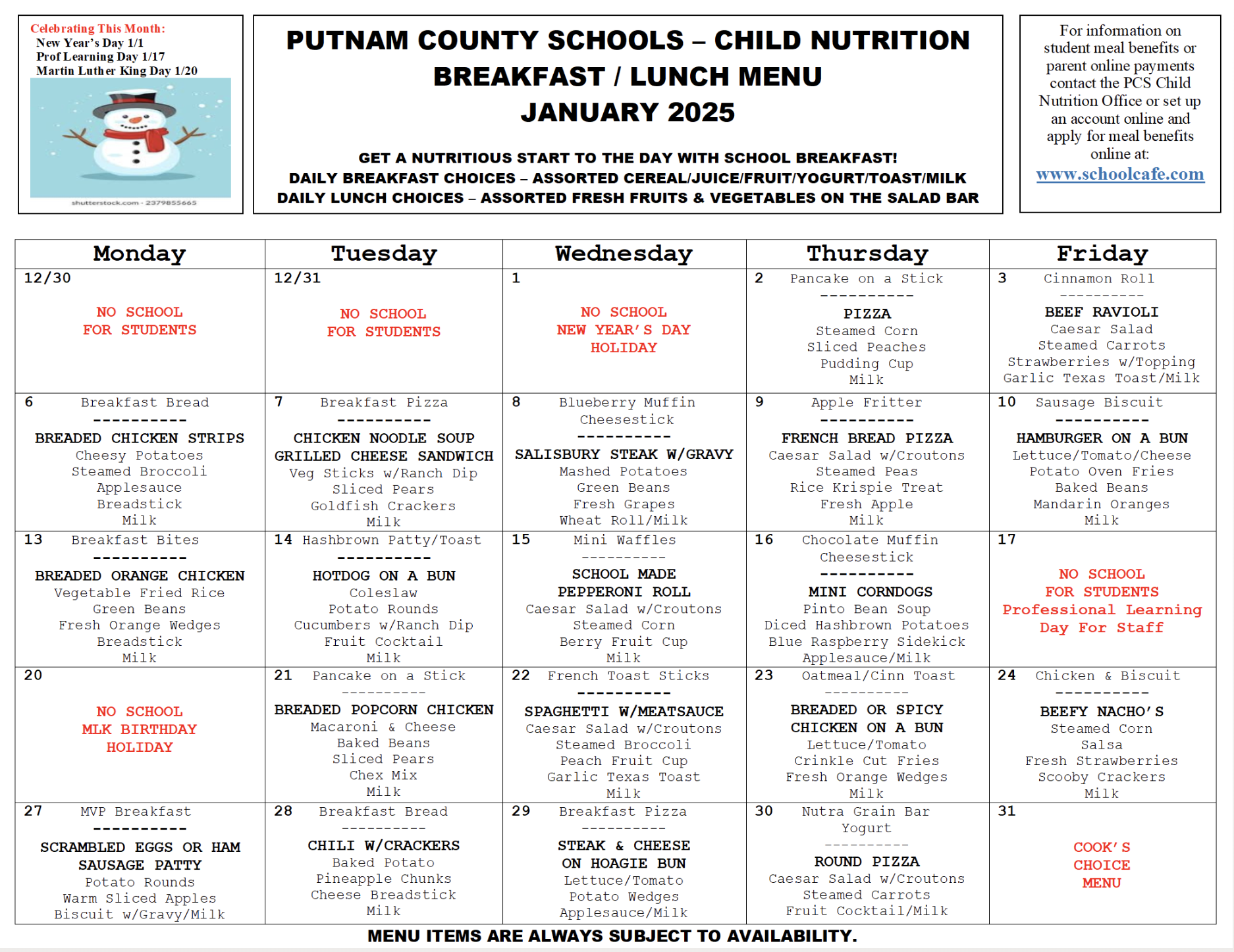 January menu