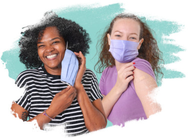 women with face masks and showing recently vaccinated arm with bandage