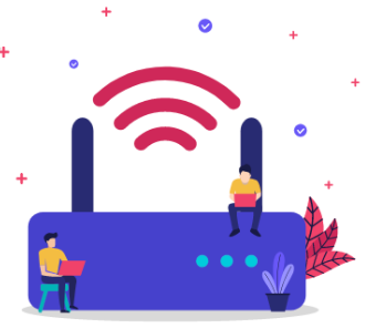 wifi symbol with drawn figures of people using laptops
