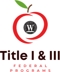 Outline of an apple with Wood County Schools logo inside the apple. Logo for Title I and Tile III - Federal Programs