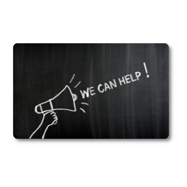 image of chalk board with chalk-written words of "we can help" - drawing of bullhorn