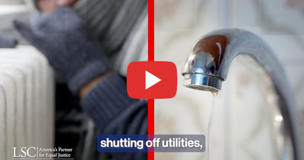 Renters' rights video link - image shows person hovering over heated home radiator while wearing hat and gloves - also, juxtaposed image of hand and wrench turning off water utility at spigot