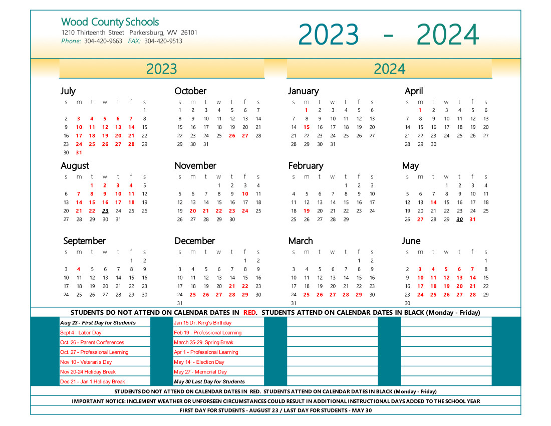 Parent & Caregiver Calendar for 20232024 Academic Year Wood County