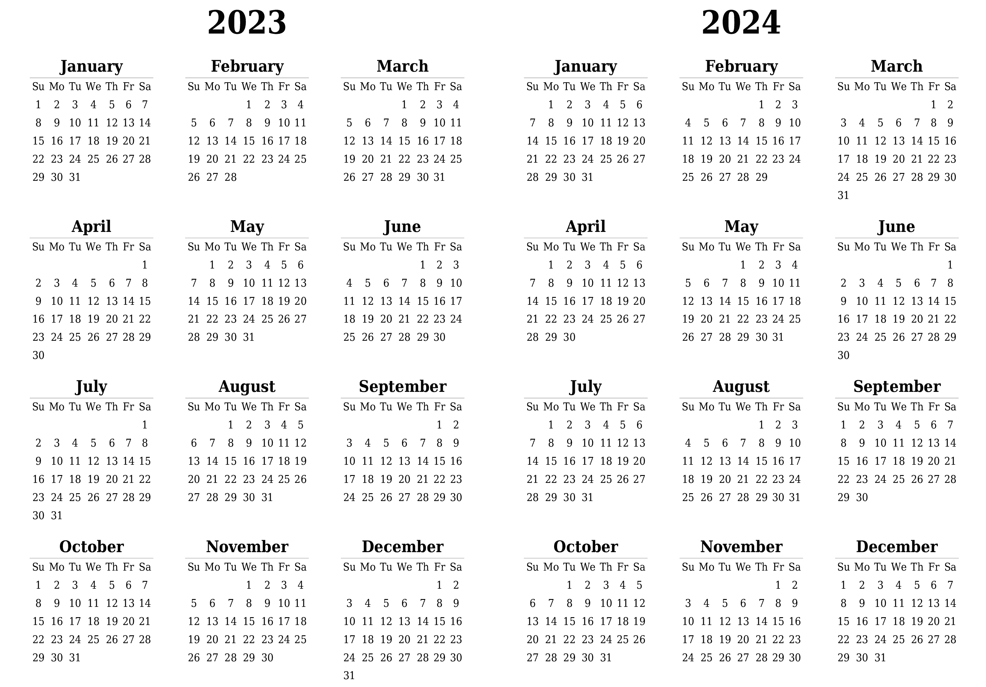 yearlong calendars for both 2023 and 2024 - black and white