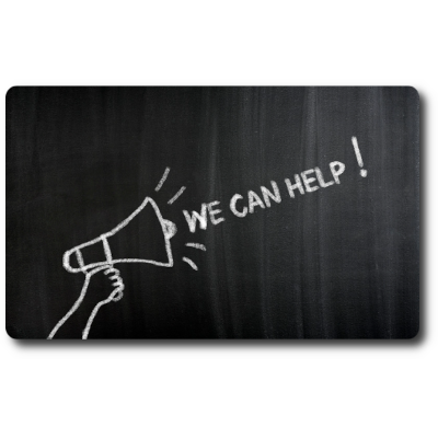 image of chalk board with chalk-written words of "we can help" - drawing of bullhorn