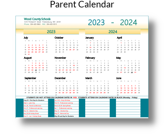 thumbnail image of parent-friendly 2023 to 2024 academic year calendar for wood county schools