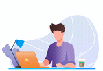 animated image of a male student communicating using a computer with communication evident by speech bubbles