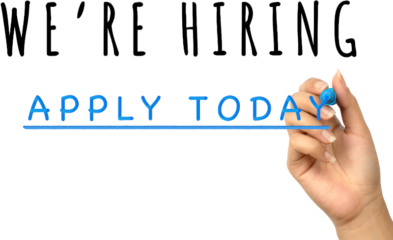 text that says "we're hiring - apply today" in black and blue marker with a hand writing in air