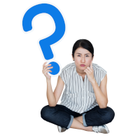 sitting woman holding a large blue question mark