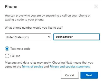 box to enter phone number for MFA
